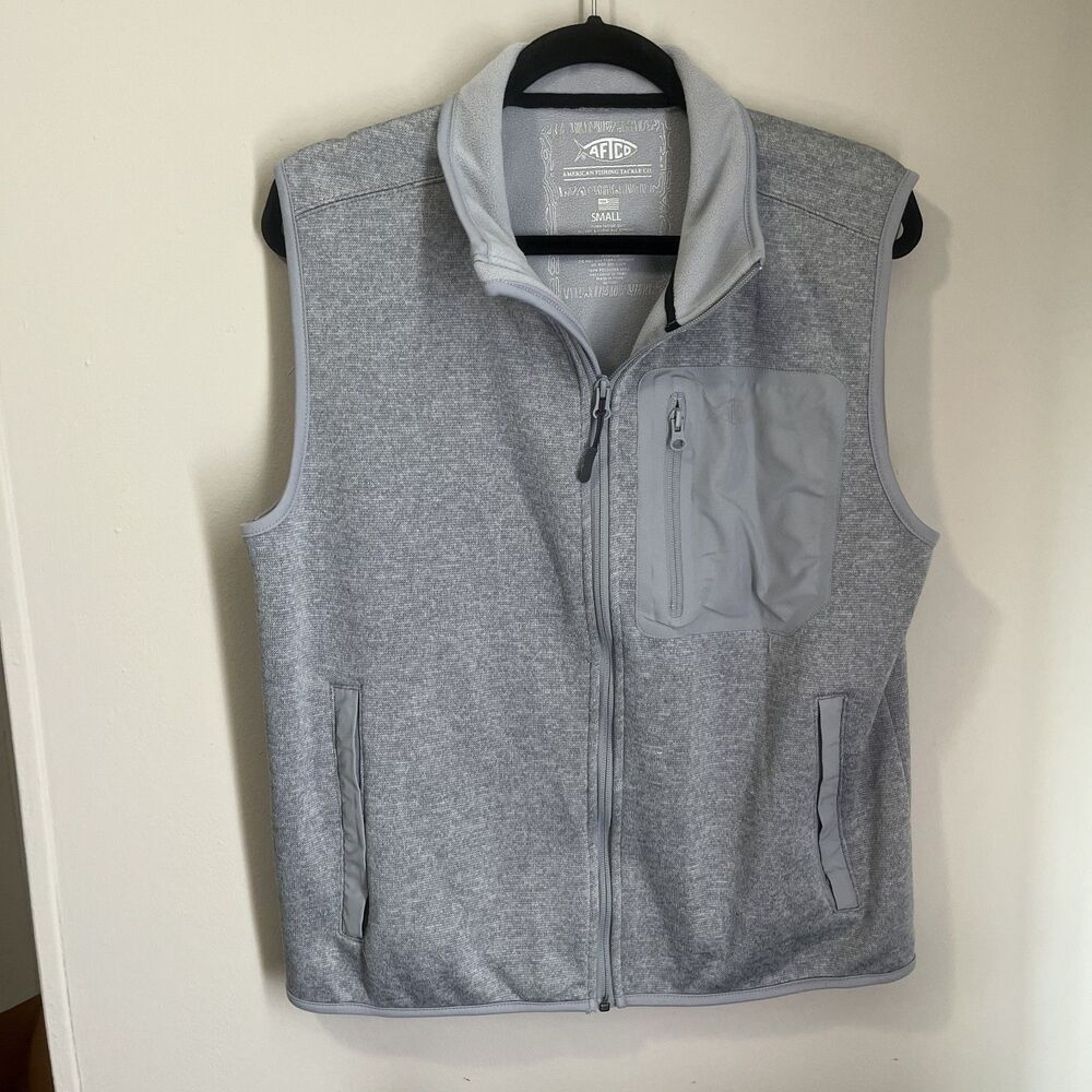 Aftco Vest Mens Small Gray Full Zip Performance Fleece Fishing Outdoor Adult